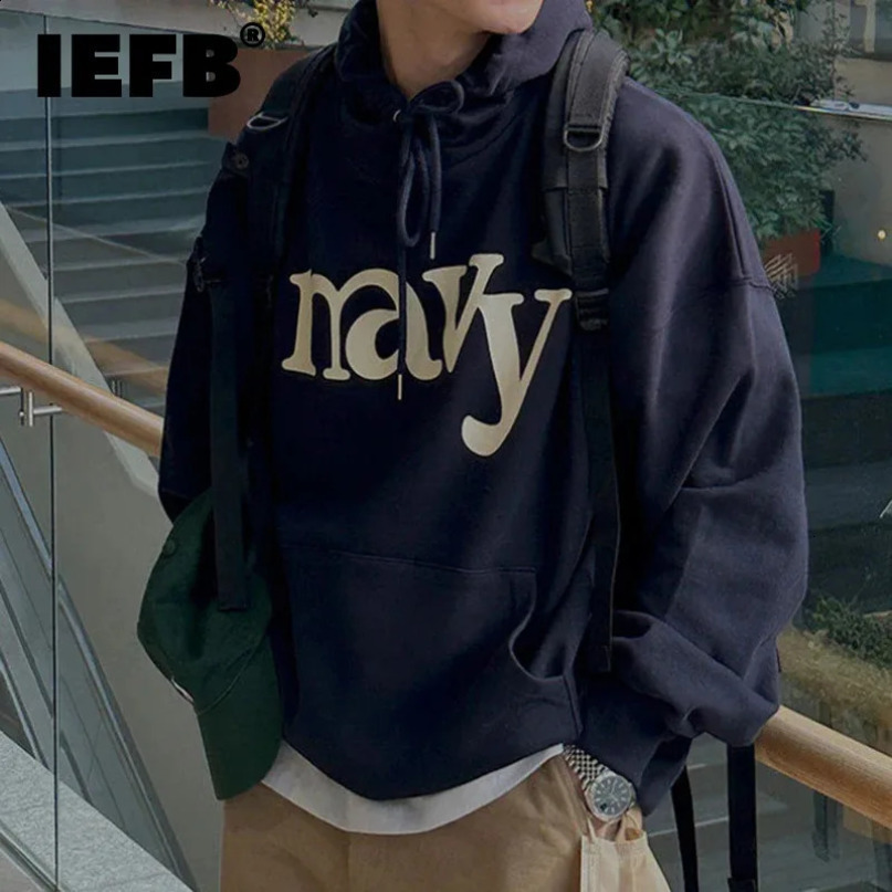IEFB mens hooded sweatshirt casual letter printing contrasting color pocket Korean fashion spring 9C4605 240911