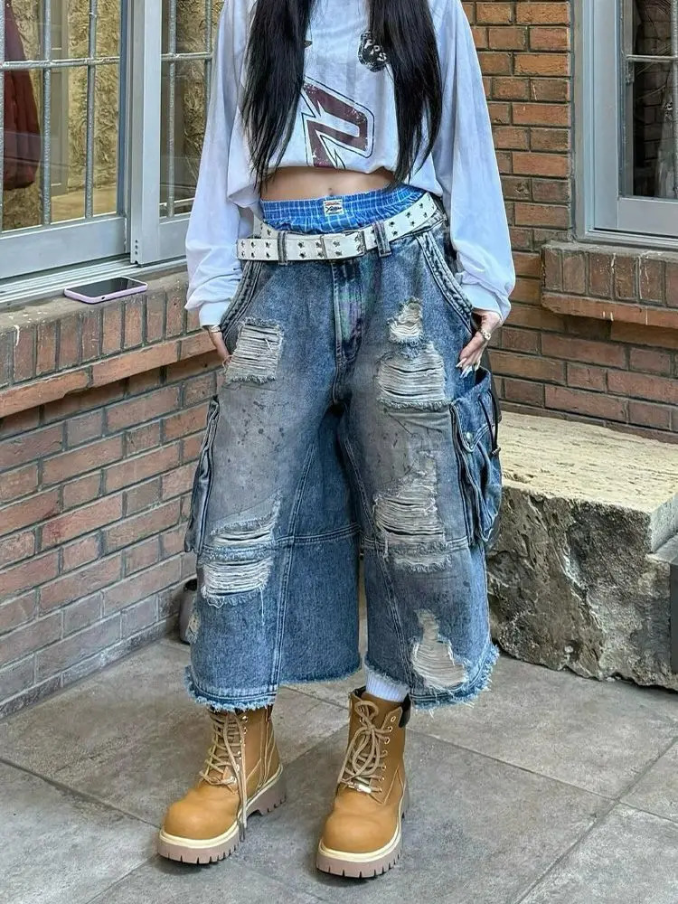 American Vintage Old Baggy Slim Machete Denim Shorts Female Y2K Harajuku Girl Washed Hole Denim Cropped Pants 250805