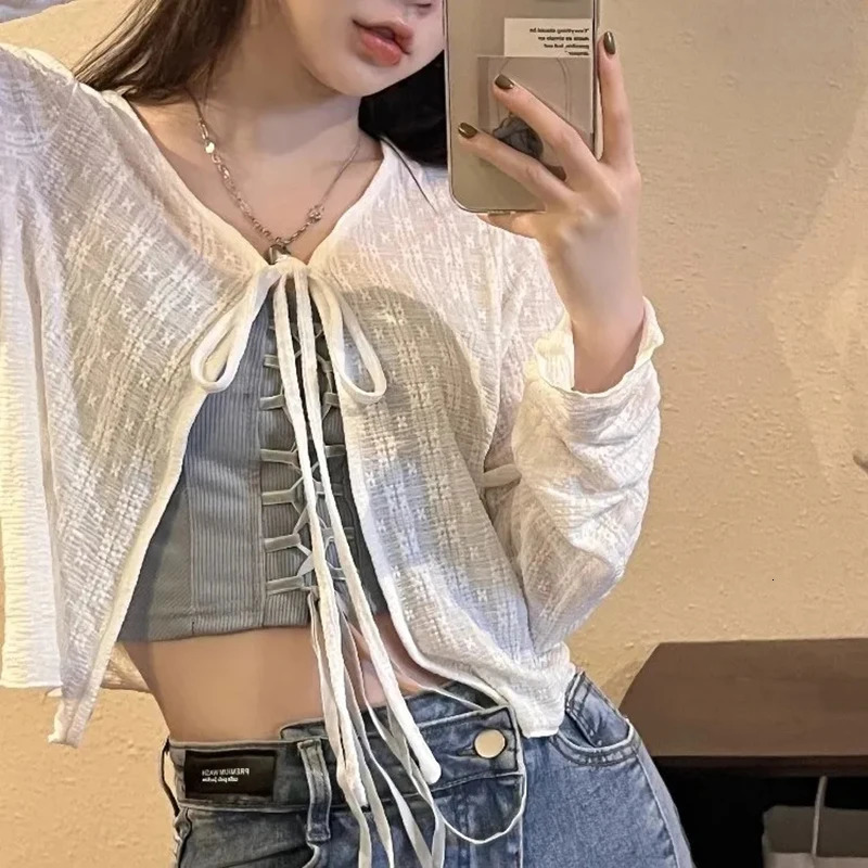 2024 White Tie Up Summer Cardigan Women Sexy Long Sleeve Sheer Mesh Crop Tops Woman Chic All Match Short Printed T Shirt Mujer 250917Z
