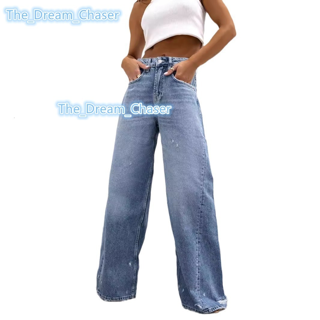 Custom Washed Spray Money Washed High Quality Wide Leg Straight Wide Leg Ripped Womens Jeans Wholesale