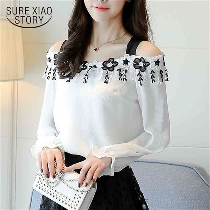 women tops spring long sleeved blouses slash neck female shirts casual floral chiffon clothing D433 30 210506