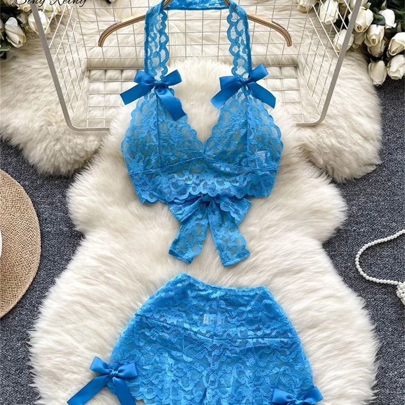 SINGREENY Fashion Bow Lace Sexy Bikini Set Mini CamisShorts Set Womens Solid Transparent Strapless Sexy Set 250317