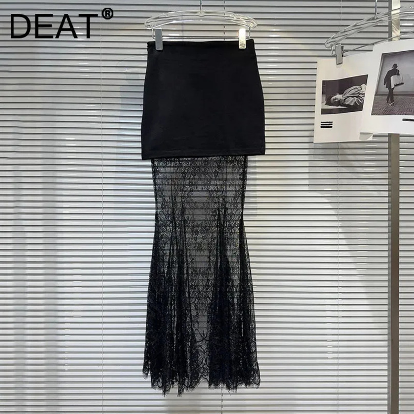 DEAT Fashion Womens Patchwork Lace Mesh Fishtail Skirt Summer Trendy High Waist Wrap Hip Long Skirts Female 11XX9079 240516