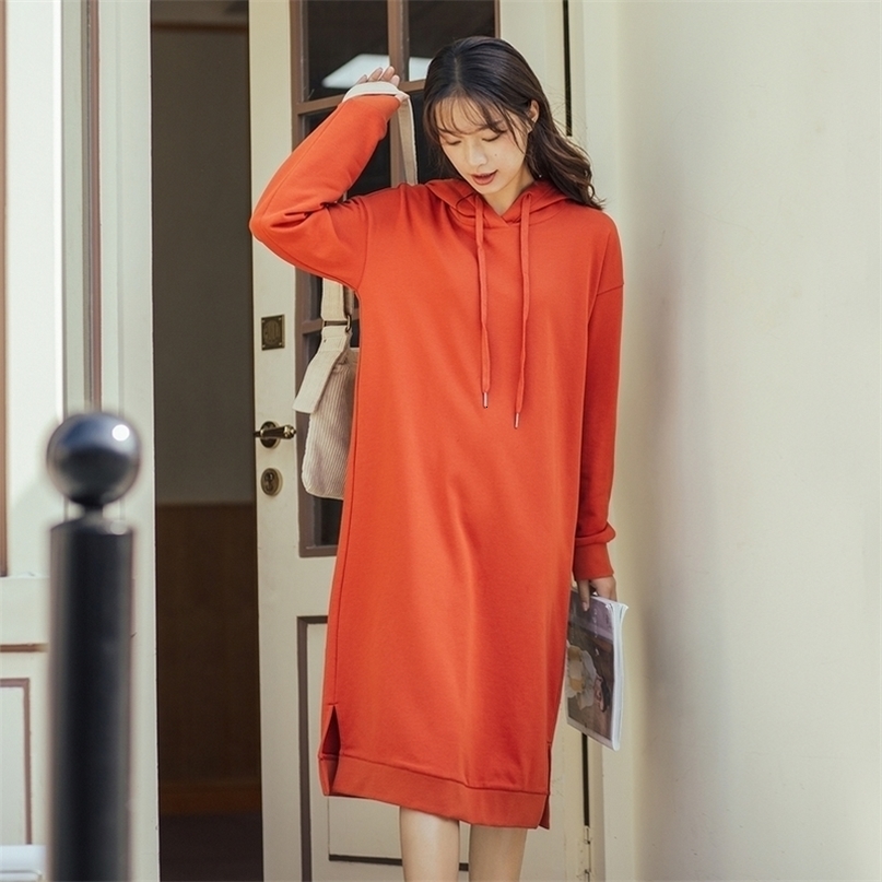 INMAN Autumn Winter New Arrival Causal Sport Basic Style Women Both Side Slit Hoodies Dress 201008