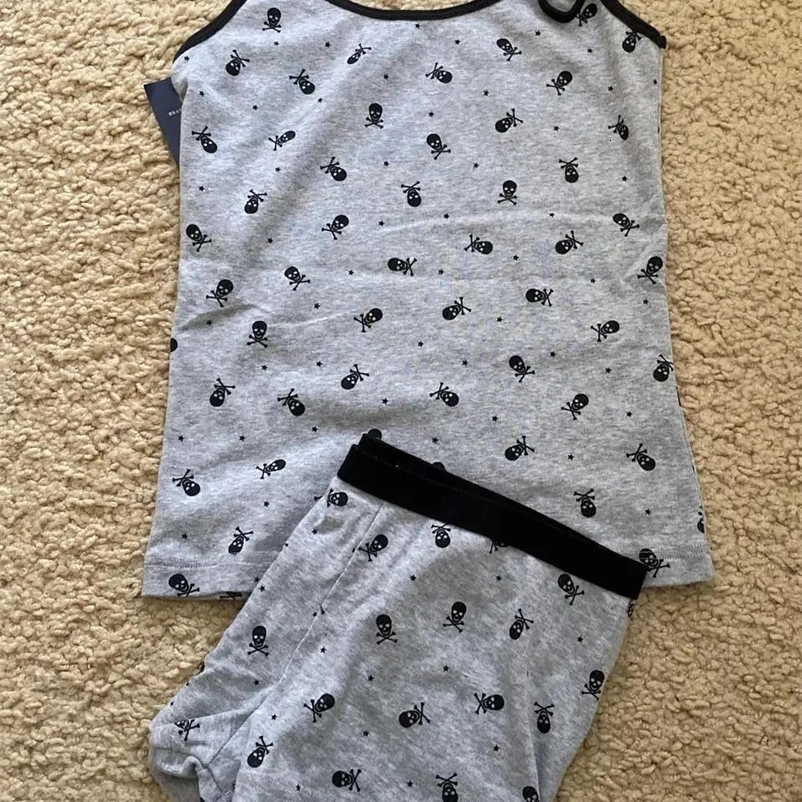 Skulls Print Cotton Vest Shorts Set Women Summer Slim Tank Straight Short Pant Casual Vintage Gray Home Pajama 2 Pieces Sets Y2k 240704