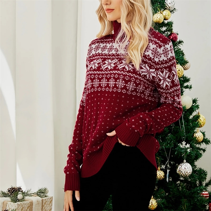 Women Autumn Winter Vintage Turtleneck Snowflake Christmas Knitted Sweater Female Casual Long Sleeve Thick Pullover Tops Jumpers 240731