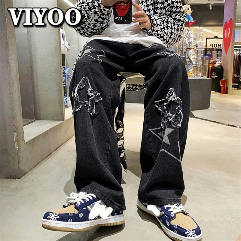 Men's Jeans Vintage Women's Men's Korean Denim Pants Y2K Cltohes Streetwear Printed Patchwork Male Baggy Jeans Straight Trousers For