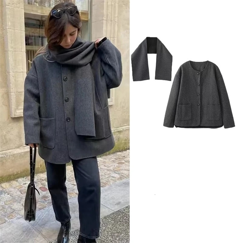 Women's Wool Blends TRAF Scarf Collar Jacket Woman Autumn Woolen Pockets Single Breasted Pocket Coats Loose Casual Fashion Lady Office Coat 231