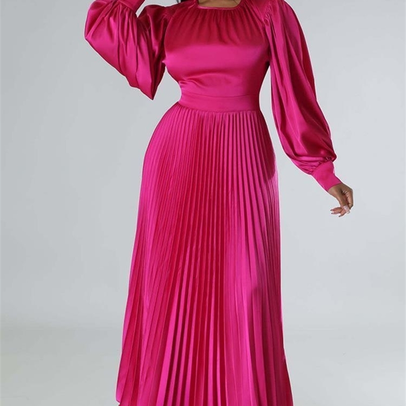 Party Dresses Solid Satin Pleated Maxi Dress For Women Fashion O-neck Lantern Long Sleeve High Waist Lady Dress Summer Female Streetwear 230211