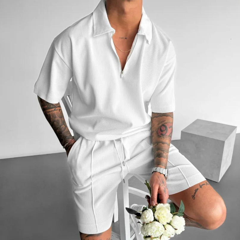 Casual Zipper Lapel Polo Shirt And Shorts Men Outfits Summer Fashion Short Sleeve Tops Two Piece Suits Mens Pure Color Sets 240531