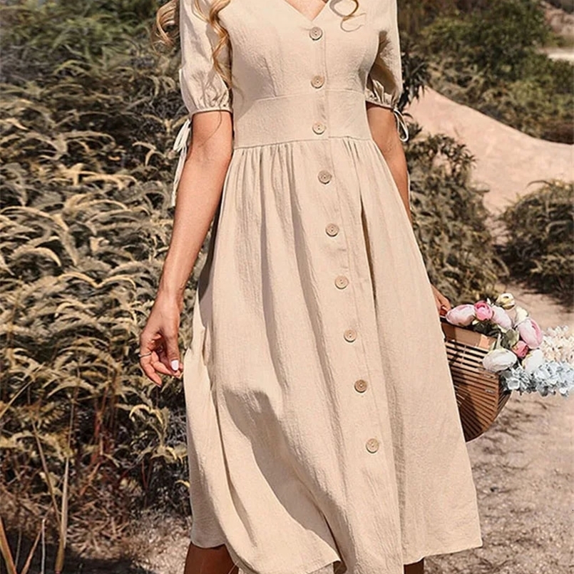 JIM NORA Womens V Neck Button Down Casual Midi Dress A-line Short Sleeve Solid Summer Dresses Fashion Sundress 240722