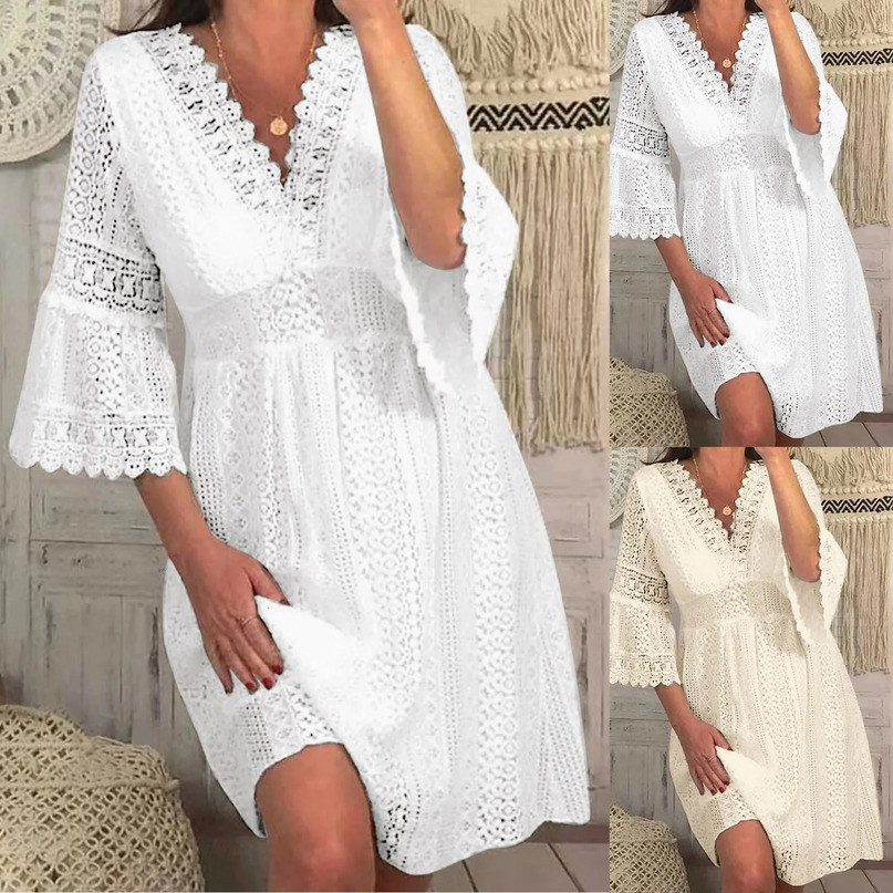 V Neck Hollow Lace Dress Women Solid Short Sleeve Summer White Dresses Flare Casual For Elegant 240415