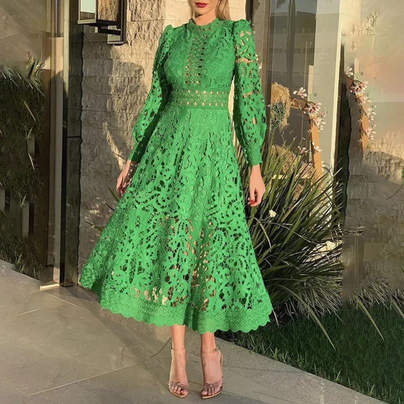 Doris Fanny Hollow Out Vintage Elegant Dress For Women Long Sleeve Lace High Waist Dresses Female Fashion 240615