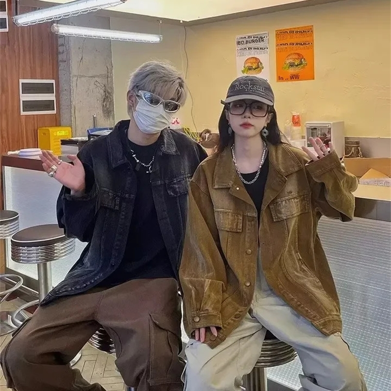 Vintage Denim Jacket American Style Distressed For Men Women Autumn Trendy Hip Hop Loose Fit Couple Blazer Casual Clothing 240829