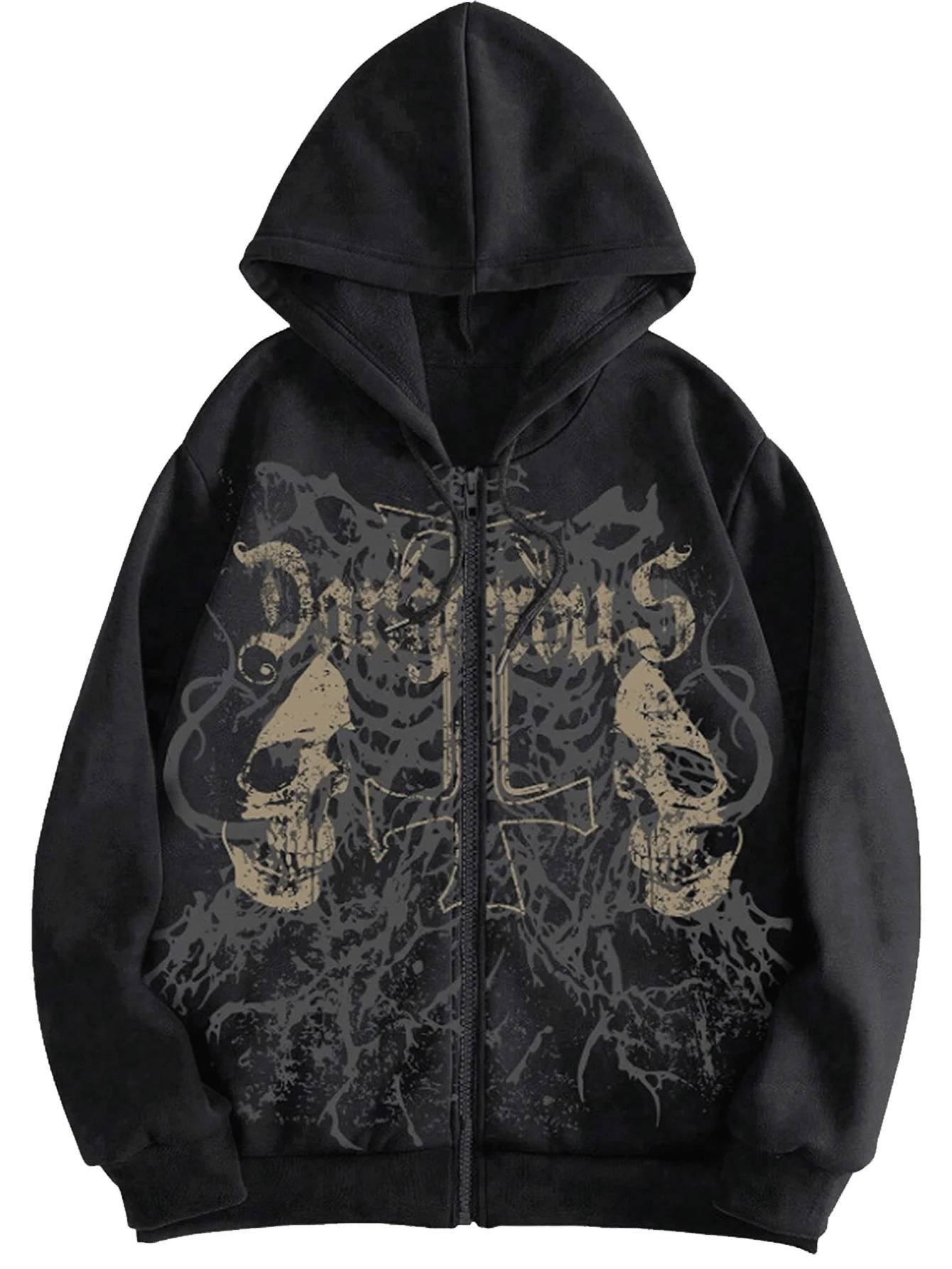 Mens Y2K Goth Skull Letter Graphic Drawstring Hoodie Long Sleeve Zip Up Sweatshirt 250917Z