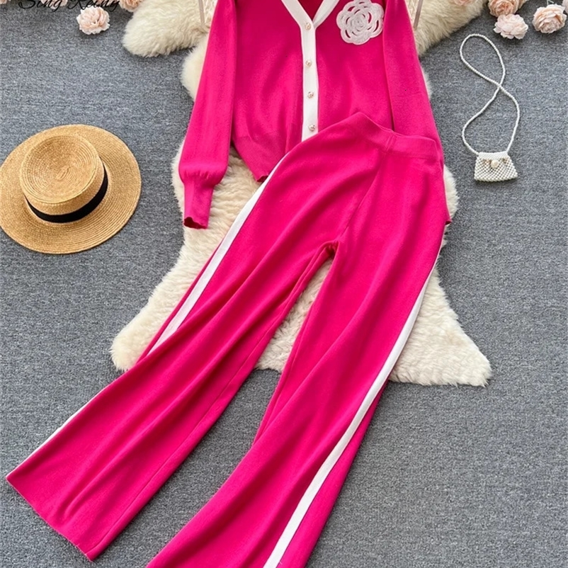 SINGREINY Fashion Knitted Women Suits Single Breasted V Neck CardiganWide Legs Long Pants Autumn High Street Loose Sweater Sets 240408