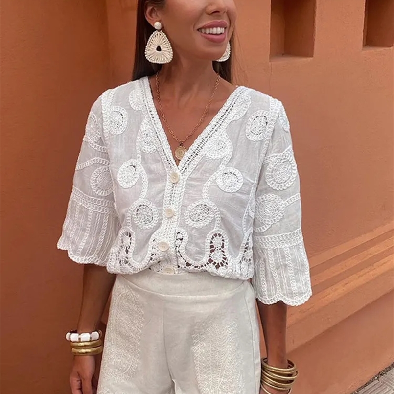 Single Breasted V-neck Hollow Out Shirt Women Elegant Half Sleeved Crochet Top Fashion Summer Lady Casual White Blouse 240625