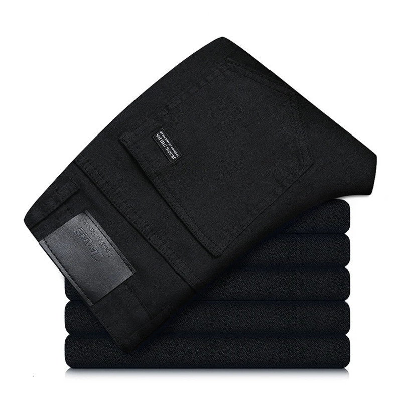 Mens pure black jeans Korean version trendy straight fit pants mens comfortable and elastic classic business 240523