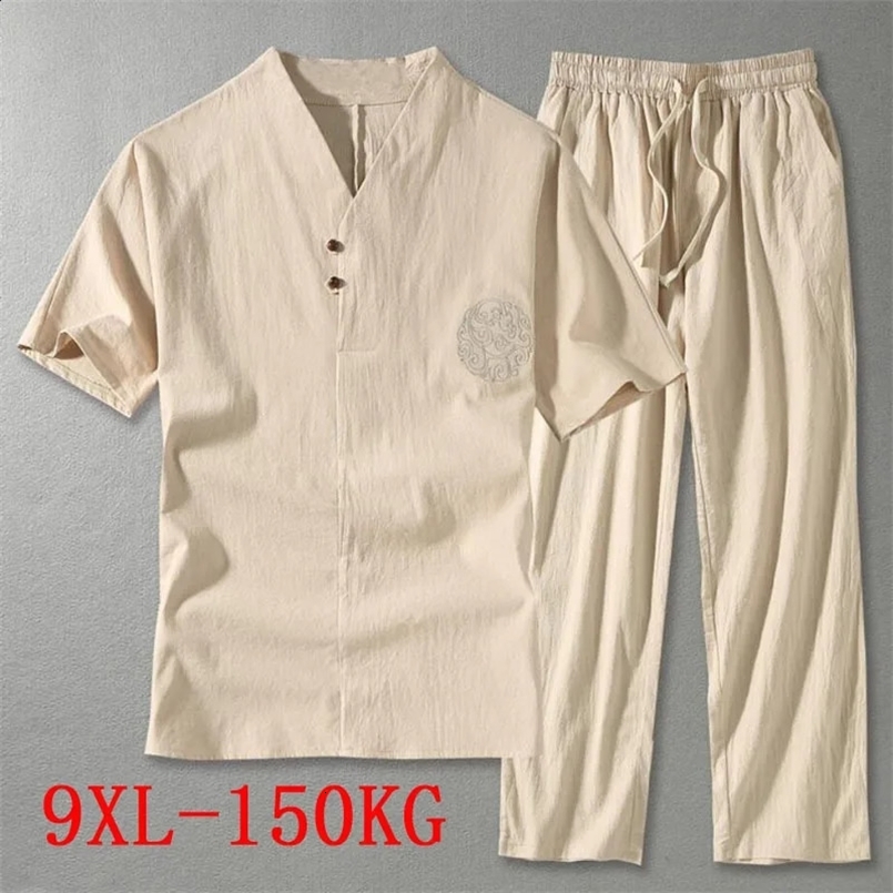 Mens Clothing Large Size Home Husband Summer Suit Linen t-shirt Fashion Male Set Chinese Style 8XL 9XL plus Two Pieces 240729