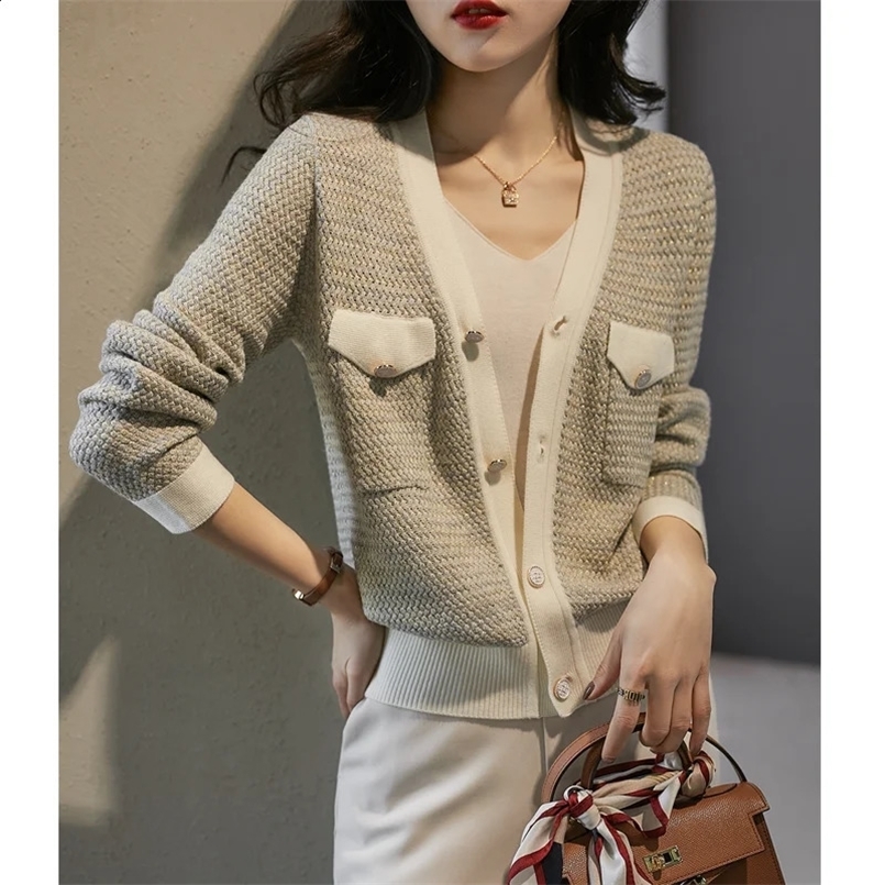 Temperament small fragrant wind cashmere knit cardigan female spring and autumn V-neck jacket loose sweater thin wool coat 240724