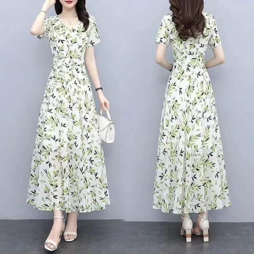 Fashion Elegant Summer Womens Vneck Printed Spliced Slim Waist Retraction Flattering Short Sleeve Aline Maxi Dresses 240615