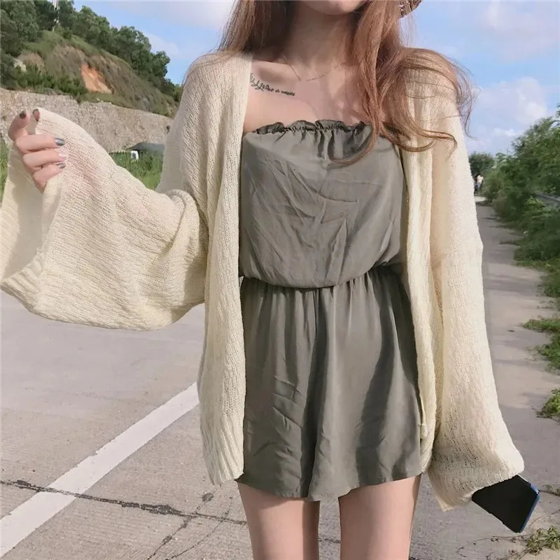 Knitted Cardigan for Women Summer Oversized Knit Loose Coat Sweater Korean Top Solid Cropped Y2k Beach Blouses 250905