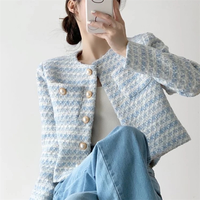 Rimocy Elegant Pearls Buttons Crop Jacket Women Korean Fashion Round Neck Tweed Coat Womans Pockets Chic Short Coats Female 240408