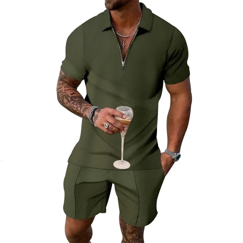 Summer mens light mature casual solid color waffle polo shirt mens half zipper short sleeved set 250318