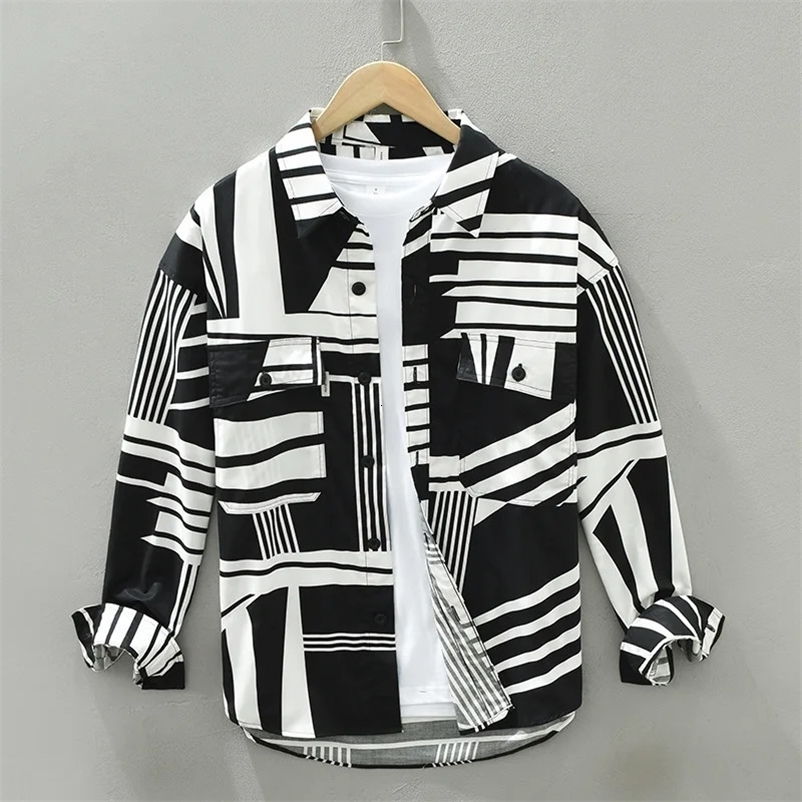 Men's Casual Shirts Retro Spring Autumn Men's Color Matching Printed Geometric Turn-down Collar Shirts Long Sleeve Loose Casual Men Clothe