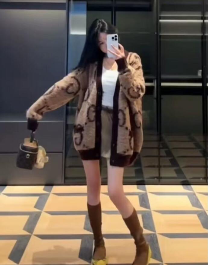 Luxury brand contrasting letter jacquard mohair women's sweater knitted cardigan medium long loose women's jacket top