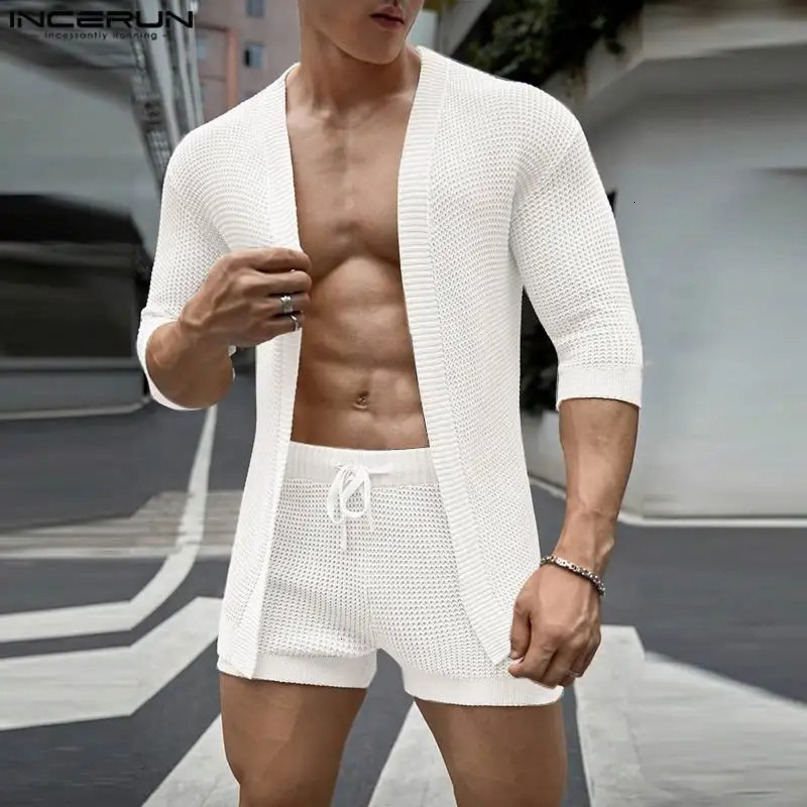 INCERUN Men Sets Solid Color Half Sleeve Cardigan Drawstring Shorts Two Pieces Streetwear Summer Mens Casual Suits 240531