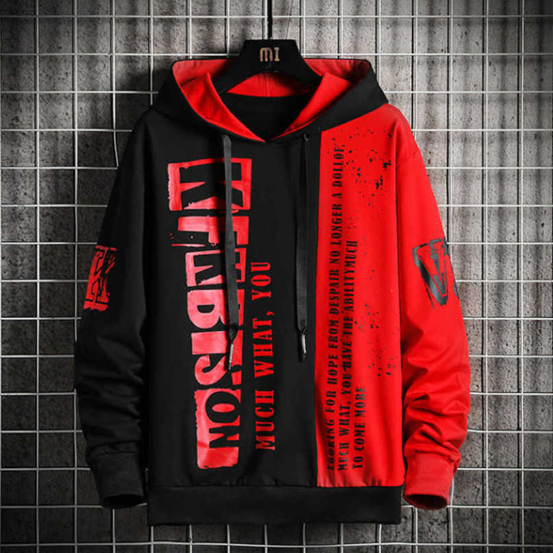 Streetwear Men Hoodie Letter Print Hooded Sweatshirts Mens Patchwork Hip Hop Hoodies High Street Fashion Tops Men 210720
