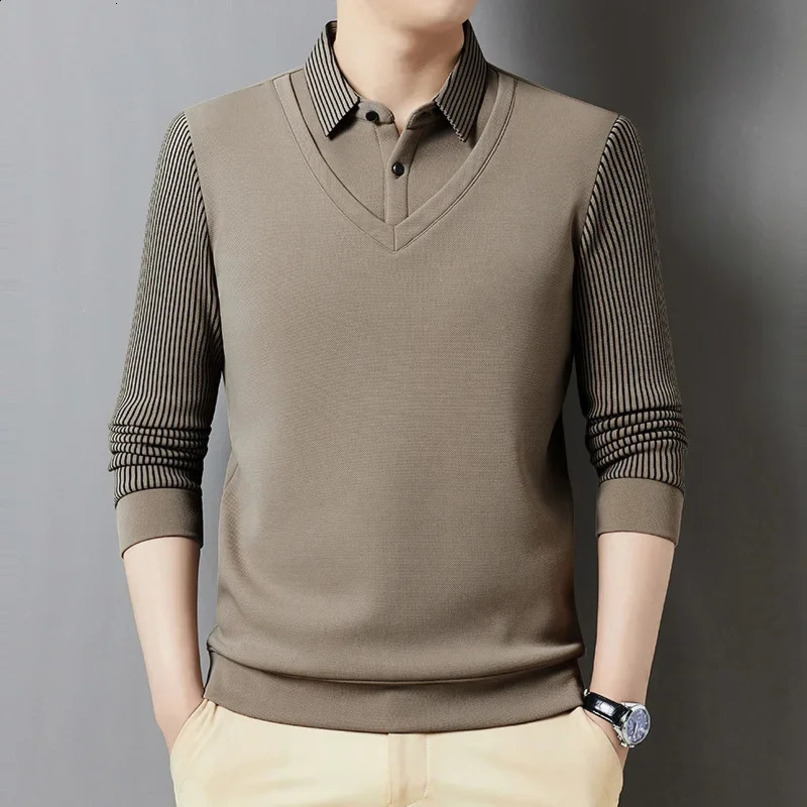 Mens Spring Fashion Knitted Top Shirt Collar Long Sleeve Twopiece Illusion n Suitable For Middleaged Fathers 241122