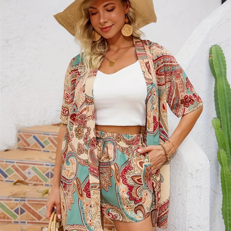 Paisley Print Summer Casual Two-piece Set Open Front Short Sleeve Top Tie Front Shorts Outfits Womens Clothing 240423