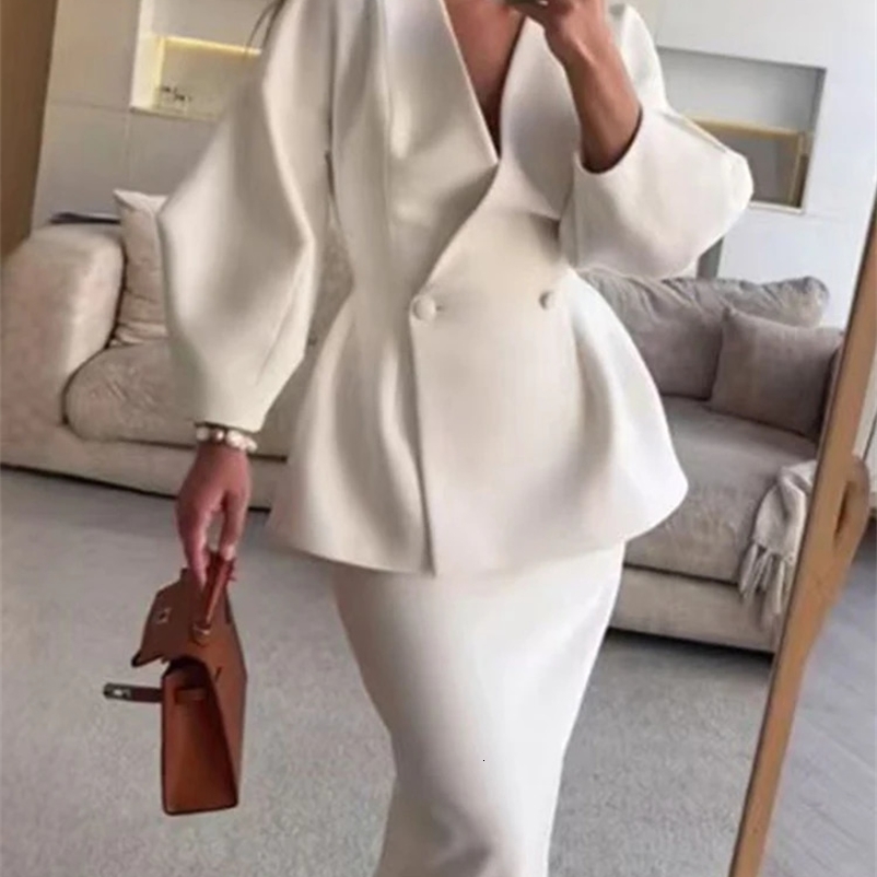 Elegant Blazer Coat Skirt Set Women Slim V-neck Long Lantern Sleeve Jacket Top Midi Skirts Suits 2 Pieces Office Chic Outfits 250118