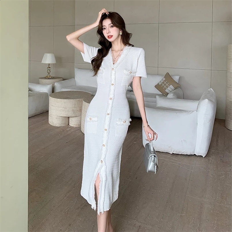 Knitted Dresses Women Summer Korean Elegant Fashion Casual High Waist Short Sleeve Backless Medium Long Dress Female 240802