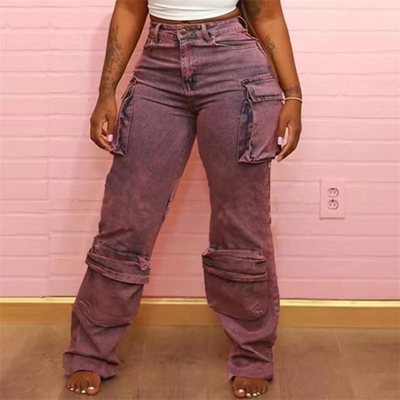Streetwear Womens Streetwear Multi dritti Multi Pantaloni da carico in denim Y2K jeans a gamba a largo casual vintage pantaloni larghi 250224 250224