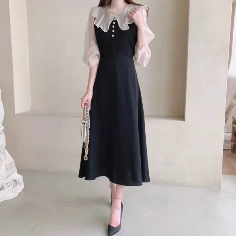 Womens Spring Summer Elegant Contrast Color Button Ruffles Spliced Round Neck Fashion Waist Retraction Bubble Sleeve Dress 240615