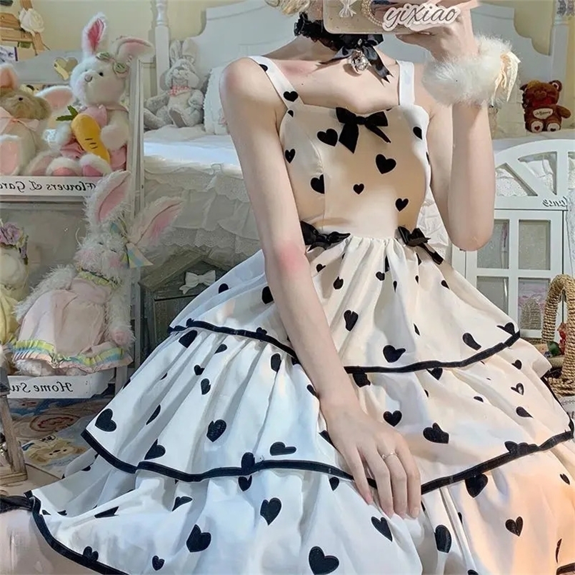 Plus Size 4XL 140kg Summer Lolita Dress Women Sleeveless High Waist Spaghetti Strap Dresse Hearted Print Princess Dress 240806