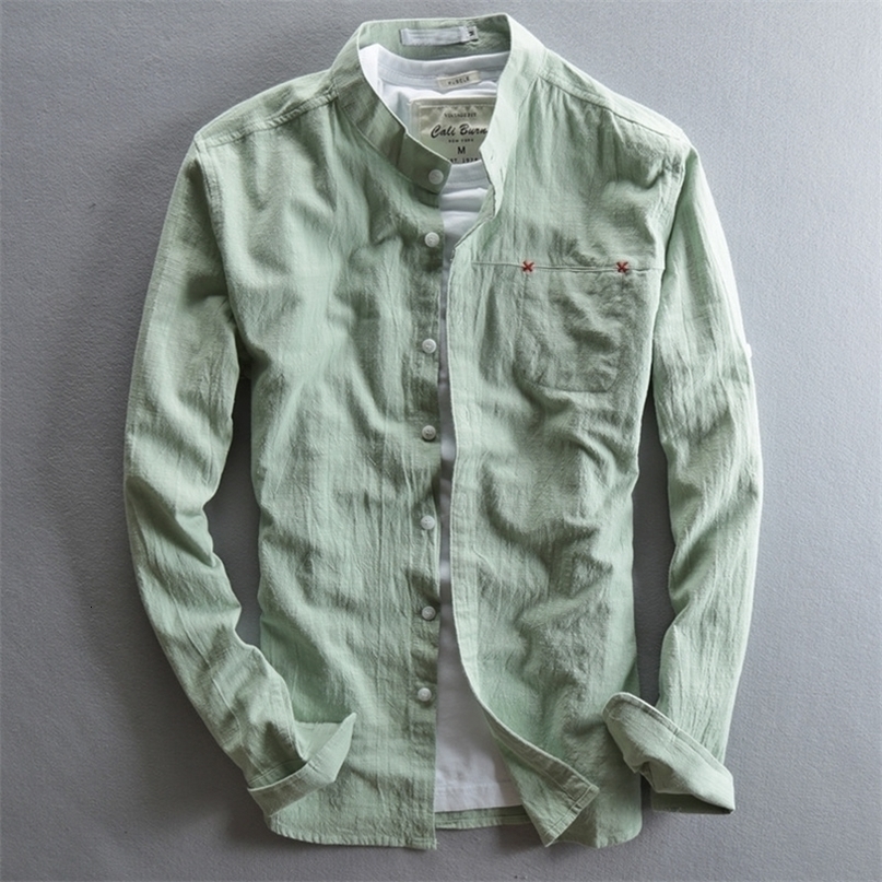 Men's Spring Japan Style Harajuku Linen Cotton Stand Collar Long Sleeve Slim Fit Solid Color Male Casual Classical Shirt Cloth