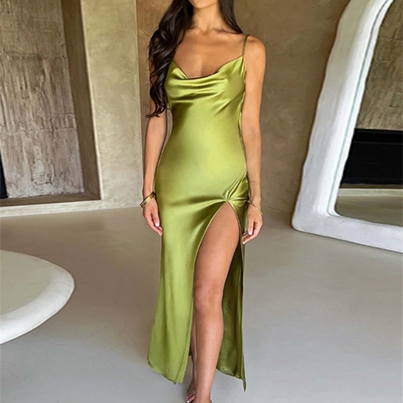 Sleeveless Long Satin Dress Elegant Party Dress For Women Summer High Slit Backless Party Formal Occasion Dresses Maxi 250313