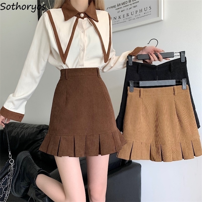 Casual Dresses Ruffles Mini Skirts Women Autumn Corduroy Pleated Tender Warm Thicken Classic Retro Solid High Waist Stylish A-lien Hipster Ins 23022