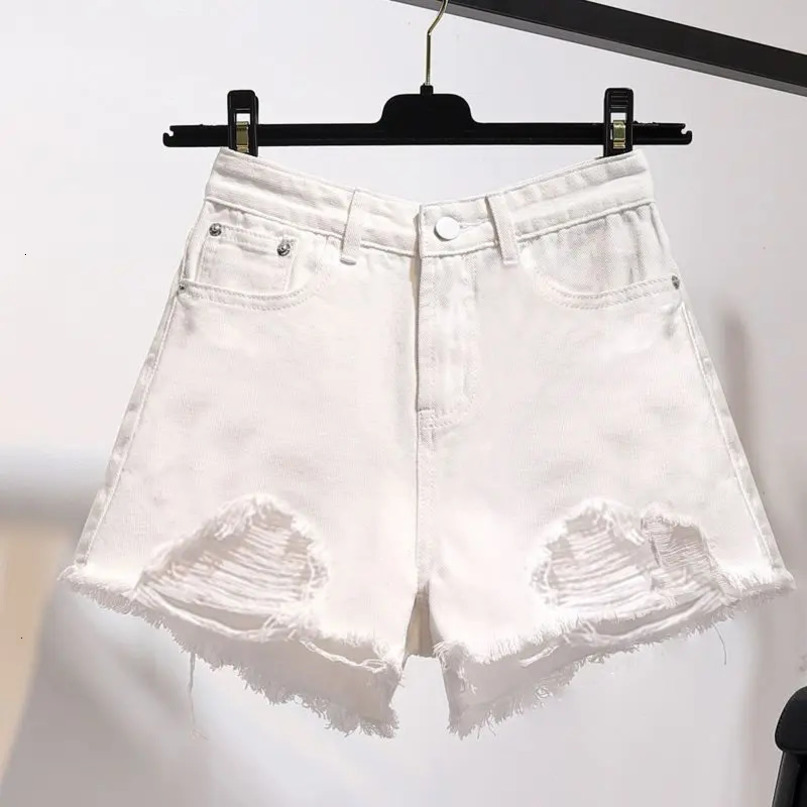 Womens Spring Summer Fashion Casual Solid Color High Waist Loose Pocket Button Versatile Student Wide Leg Hole Denim Shorts 240428