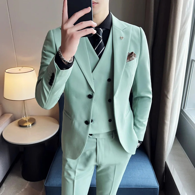 High Quality S5XL Blazer Vest Trousers Mens Business Casual British Highend Simple Wedding Gentleman Suit Three Piece 240412