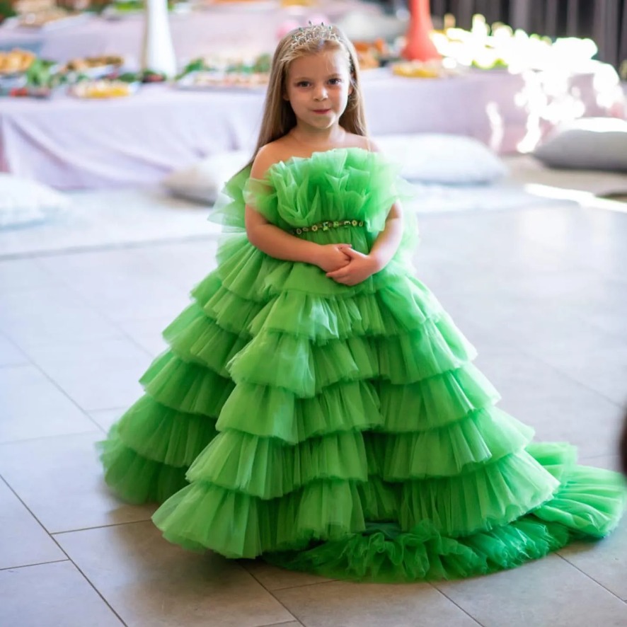 Green Junior Bridesmaid Dresses Green Tulle Flower Girl Gown with Beaded Detailing Puffy Skirt for Parties Birthdays 0924