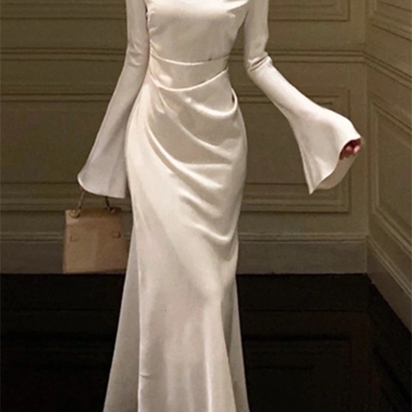 Autumn Elegant Solid Midi Dress Women Flare Sleeve Slim Mermaid Spring French Vintage Wedding Party Vestidos Robe Mujers 240823