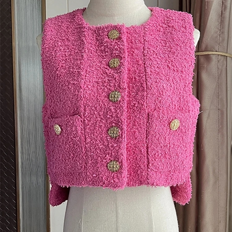 Small Fragrant Summer Tweed Korean Fashion Elegant O-neck Sleeveless Coat Wool Jackets for Women Pink White Vest Femme 240704