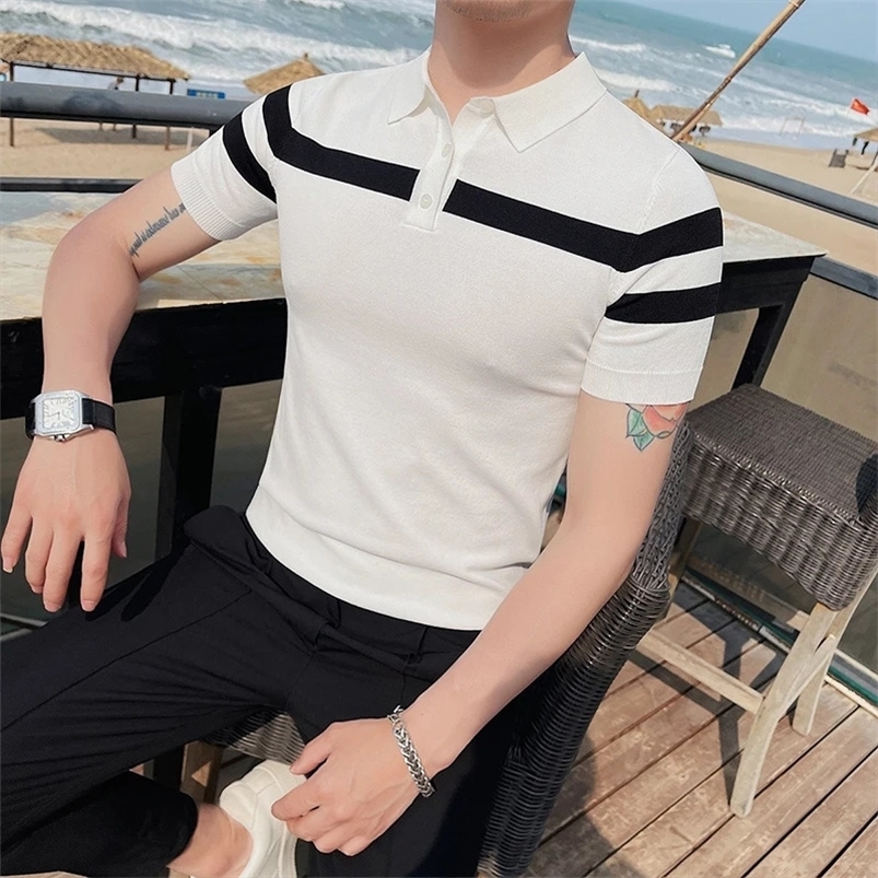 Summer Clothing Mens Light Slim Knit Solid Color Polo Shirt Fashion Patchwork Short Sleeve Button-down Leisure Knitwear 250224