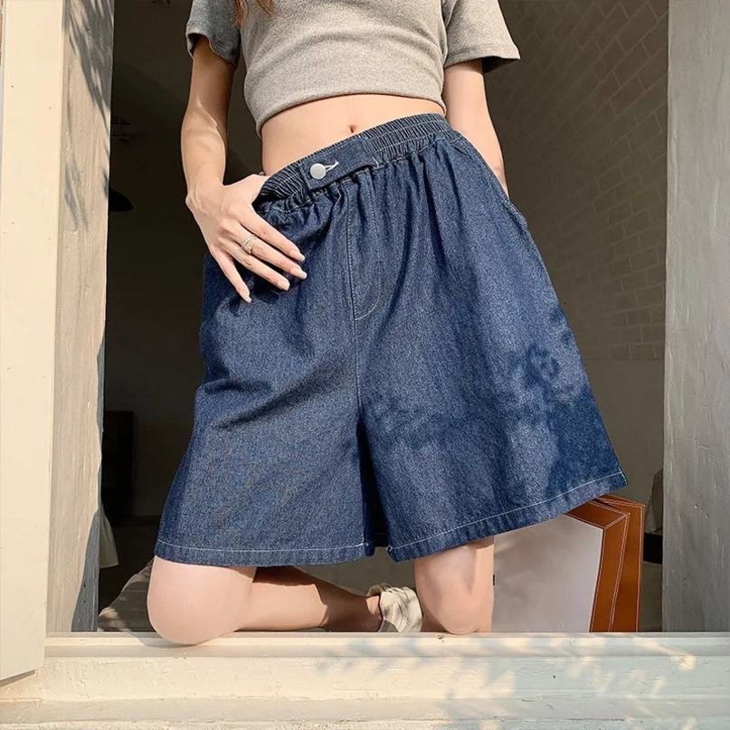 Elastic High Waist Wide Leg Denim Shorts For Woman Streetwear Loose Washed Knee Length Short Jeans Pants 240529