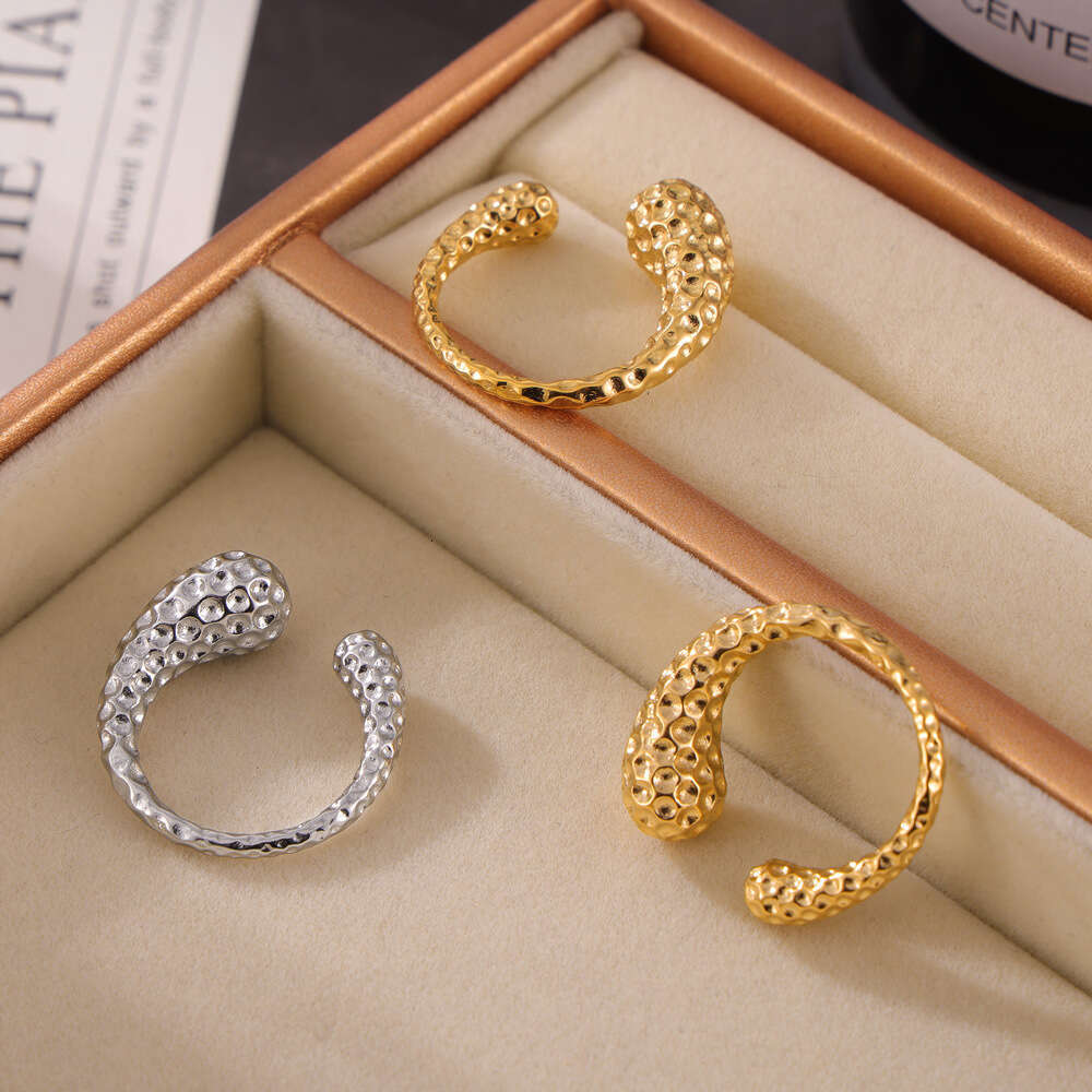 New Elegant Design Titanium Steel Water Drop Gold Plated Hammered Asymmetric Open Ring